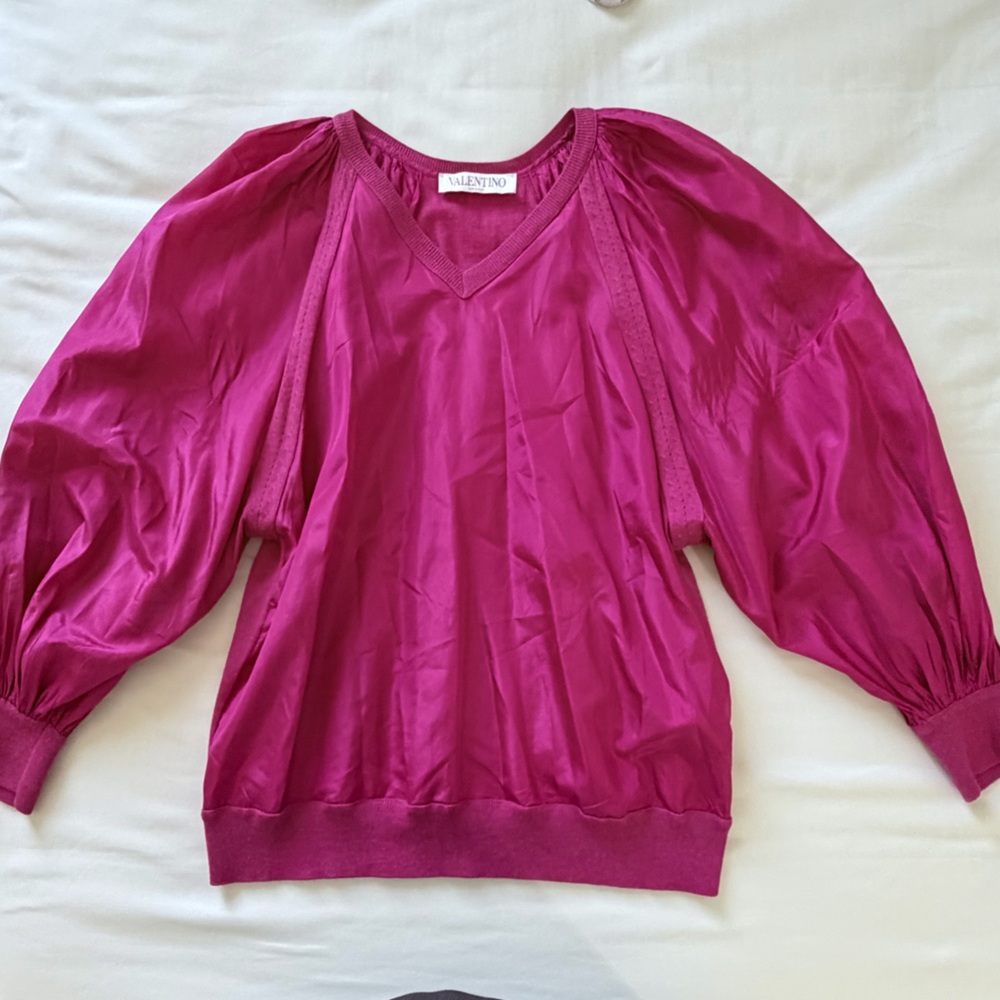 Valentino Fuchsia V-Neck Puff Sleeve Top